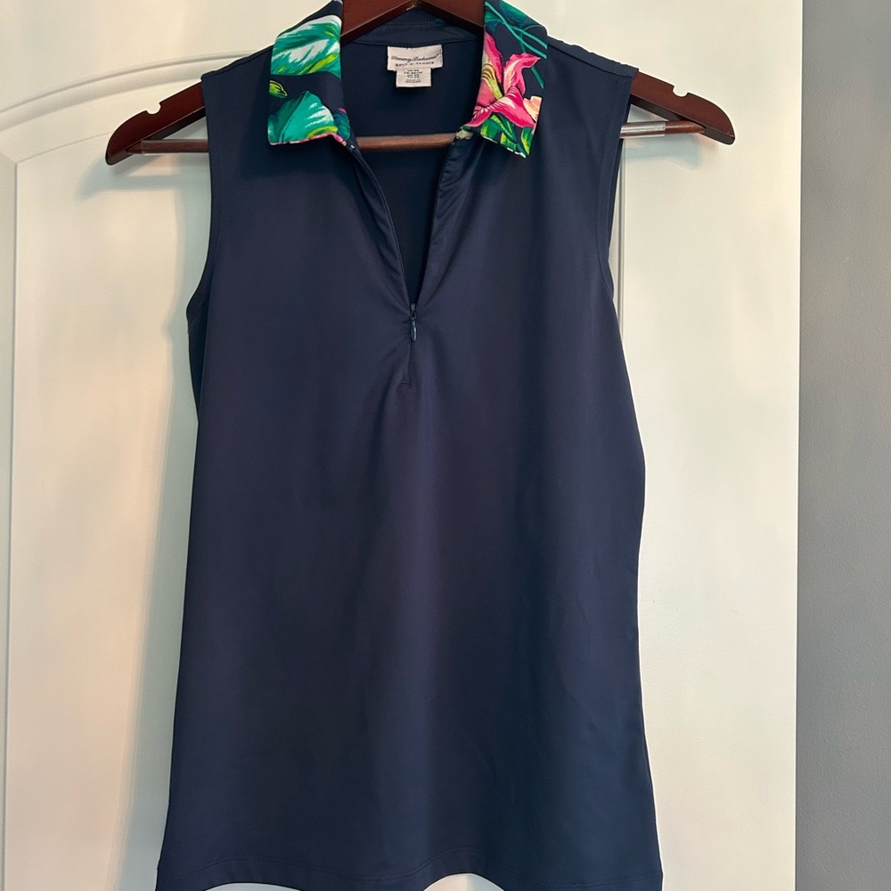 Tommy Bahama Blue Sleeveless Polo Tank Top with Floral Collar